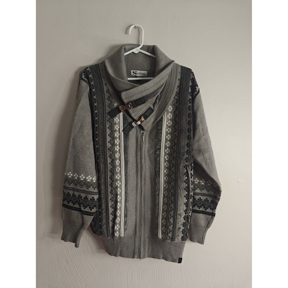 Men's SilverSilk striped fashion sweater gray buckled collar medium